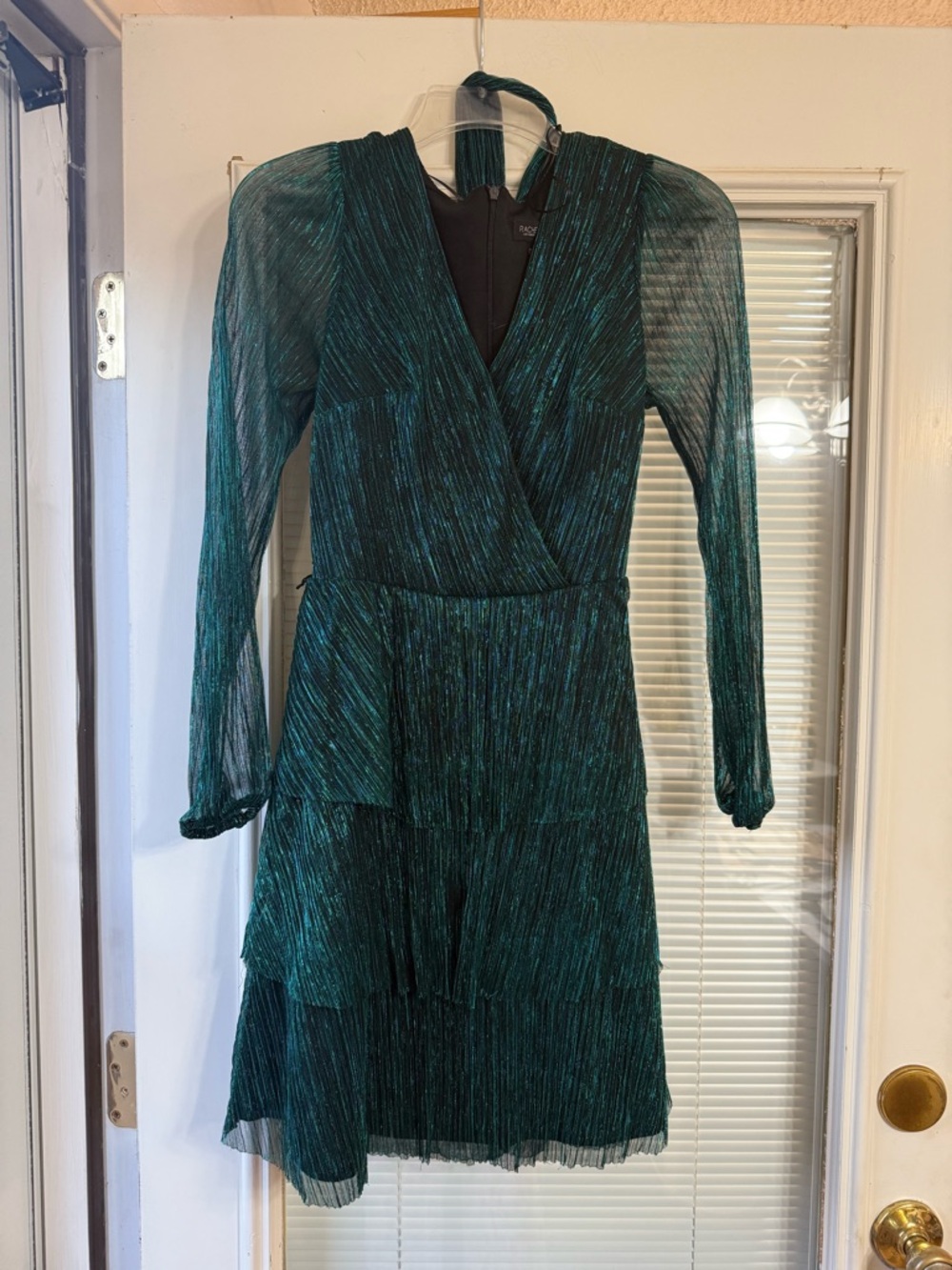 Rachel Zoe Green Metallic Pleated Long Sleeve Wrap Dress